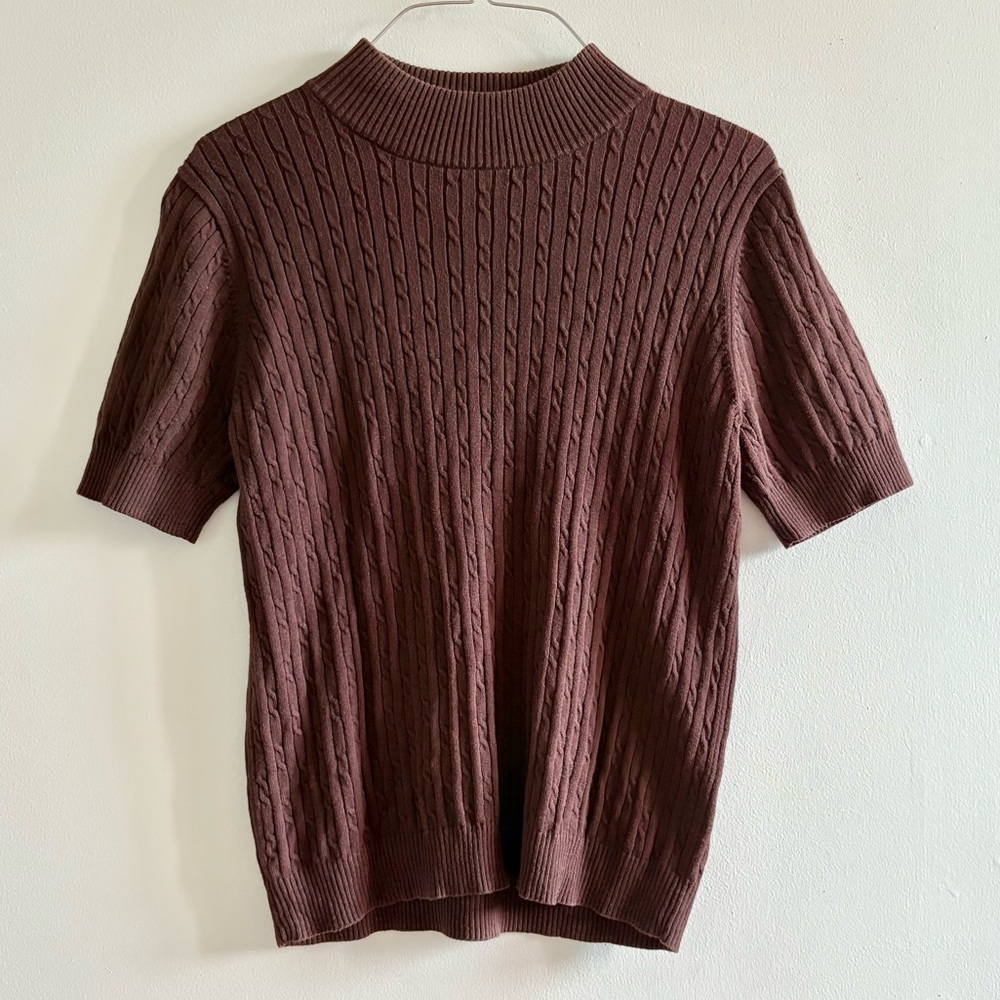 Brown Cable Knit Short Sleeve Sweater